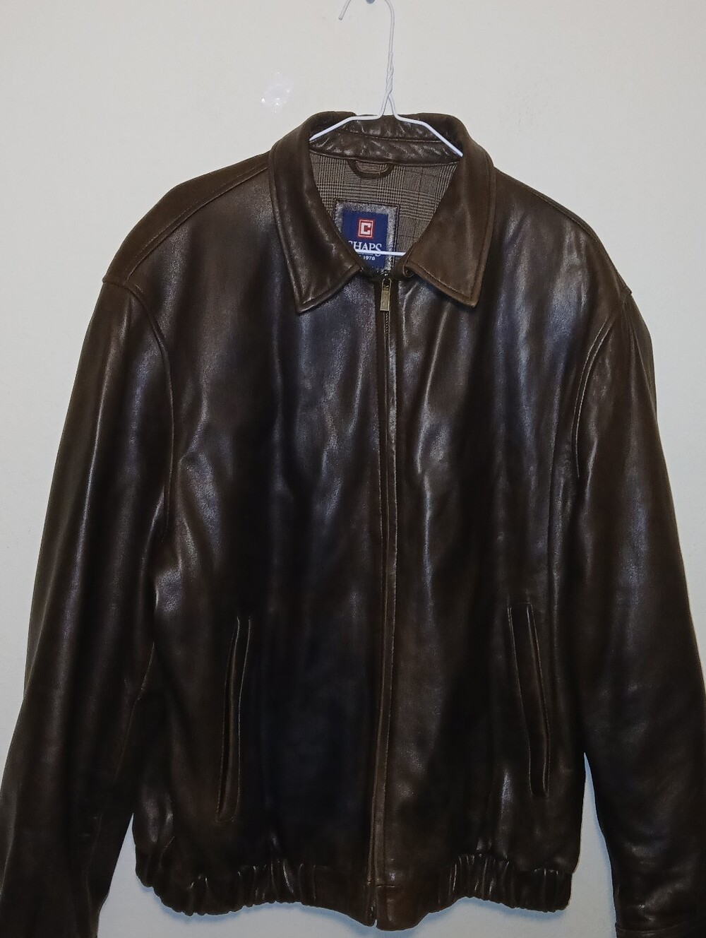 Vintage RL Chaps Bomber Brown Leather Jacket Full Zip Plaid Lined 90s HAS A FLAW